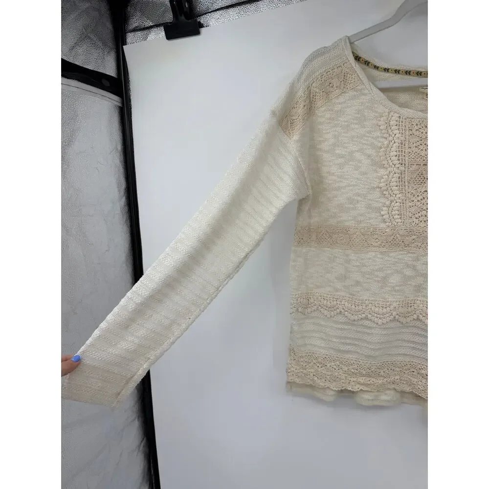 Anthropologie One September Women Long Sleeve Top Size L Cream Crochet Trim Boho